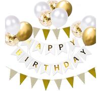 SJQ Gold & White Birthday Decoration Pack - 12 Inch Balloons, Banners, Ribbons & More