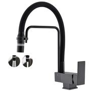 SJQKA Kitchen Sink Mixer Tap 1 Hole Bendable Faucet Mixers Flexible Hose Pull Down Dual Spray Mode 360 Swivel Matte Black Silicon Hose (Black)