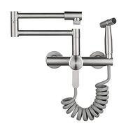 SJQKA-Wall Mounted Kitchen Tap, 304 Stainless Steel Material, Cold and Hot Dual Function Folding, Rotatable, with Spray Gun (Brushed Nickel)