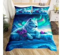SJSXWQN King Size Duvet Cover Blue Northern Lights Fox Bedding for Kids Aldult Duvet Cover with Zipper Closure Hypoallergenic Microfiber Quilt Cover 90.5"x 86.6" + 2 Pillowcases 19.7"x 29.5"