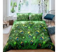 SJSXWQN King Size Duvet Cover Green Peacock Feathers Bedding for Kids Aldult Duvet Cover with Zipper Closure Hypoallergenic Microfiber Quilt Cover 90.5"x 86.6" + 2 Pillowcases 19.7"x 29.5"
