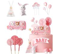 SJUNJIE 12 Pcs Animal Car Bus Cake Decorations Rabbit Bear Birthday Cake Decorations Baby Shower Cake Decorations Pink Cake Decorations for Baby Girl Cake Toppers Kids Ladies Cake Topper