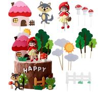 SJUNJIE 14 Pcs Little Red Riding Hood Girl Cake Decorations - Mushroom House, Big Bad Wolf, Trees, Clouds & Sun - Baby Shower, Birthday & Party Cake Toppers - Red &