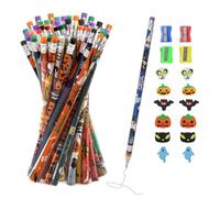 SJUNJIE 64 Pcs Halloween Pencil Pumpkin Bat Ghost Patter Halloween Pencils Stationery with Eraser for Writing and Painting Student Prizes Holiday Gifts Wooden Pencil