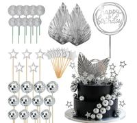 SJUNJIE Pack of 40 Disco Ball Cake Decoration Silver Disco Cupcake Toppers Mini Disco Ball Decoration Contains 2 Sheets 15 Stars 1 Strip for Music Birthday Themes Party Disco Ball Decoration