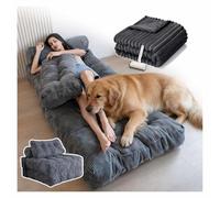 SJWJWOO Foldable Human Sized Dog Bed, with Bubble Blanket and lint roller Lazy Floor Bed Adult Human Dog Beds for Adults for People Fits Pet Families,gray