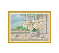 SJZDYLXY Stamped Cross Stitch Kits for Adults Beginner, 14CT Stamped DIY Needlework Kit Kids Embroidery Kits DIY Artwork Needlepoint Home Wall Decoration Seaside by Window (FA449)