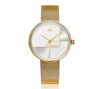 SK SHENGKE Female Mesh Watches Simple Face Stainless Steel Back Case Fashion Ladies Wristwatch (K0105-Gold)