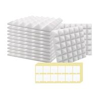 SK Studio 12 Pack Acoustic Foam Panels, 12"x12"x1" Pyramid Sound Absorbing Panels High Density Fire Resistant Sound Proof Padding with 60 PCS Adhesives for Record Studio, KTV, Office, Garage, White