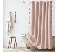 SK Studio Scalloped Shower Curtain Waterproof Linen Extra Wide Washable Bath Drapes for Bathroom with 12 Metal Hooks, Pink, 79" W x 95" L