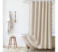 SK Studio Scalloped Shower Curtain Waterproof Linen Textured Washable Cloth Hotel Spa Bath Curtain for Bathroom with 12 Metal Hooks, Beige, 71" W x 71" L
