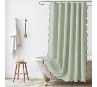 SK Studio Scalloped Shower Curtain Waterproof Linen Textured Washable Cloth Hotel Spa Bath Curtain for Bathroom with 12 Metal Hooks, Green, 71" W x 79" L