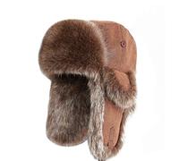 SK Studio Unisex Windproof Russian Hat Fur Soviet Ushanka Cossack Winter Cap Earflap Snow Ski Headwear Brown/Leather XL