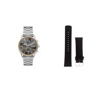 Skagen Men's Holst Chrono Silver-Tone Stainless Steel Watch and Replaceable Black Leather Strap, Set