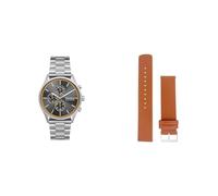 Skagen Men's Holst Chrono Silver-Tone Stainless Steel Watch and Replaceable Brown Leather Strap, Set