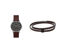 Skagen Men's Signatur Red Leather Watch and Hulsten Silver-Tone Stainless Steel Bracelet, Set