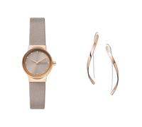 Skagen Women's Freja Lille Grey Leather Watch and Kariana Rose Gold-Tone Stainless Steel Earrings, Set
