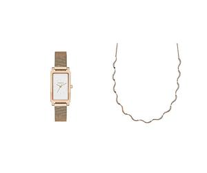 Skagen Women's Hagen Watch and Wave Chain Necklace - Three-Hand Movement, Rose-Tone Stainless Steel