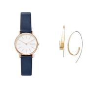 Skagen Women's Signatur Lille Blue Leather Watch and Kariana Gold-Tone Stainless Steel Earrings, Set