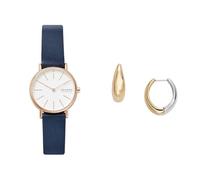 Skagen Women's Signatur Lille Blue Leather Watch and Linje Modern Two-Tone Stainless Steel Earrings, Set