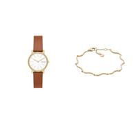 Skagen Women's Signatur Lille Brown Leather Watch and Essential Waves Gold-Tone Stainless Steel Bracelet, Set