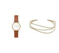 Skagen Women's Signatur Lille Brown Leather Watch and Kariana Gold-Tone Stainless Steel Bracelet, Set