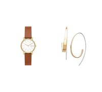 Skagen Women's Signatur Lille Brown Leather Watch and Kariana Gold-Tone Stainless Steel Earrings, Set