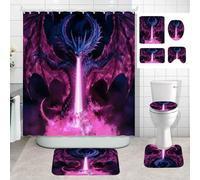 SKAILIÉ 4PCS Purple Fire Dragon Shower Curtain Set, Medieval Mythical Creature Cool Fantasy Dragon Bathroom Decor for Boys Kids, Waterproof Fabric Shower Curtain, Non-Slip Bath Mats Toilet Rugs