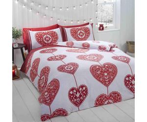 Skandi Heart Duvet Cover Brushed Cotton Flannelette Quilt Bedding Set Double Red