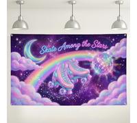 Skate Among the Stars Backdrop, Retro Rainbow Roller Skates Party Decorations, Colorful Cosmic Theme Background for Events, Fun Indoor/Outdoor Photography Supplies 71x43 Inch