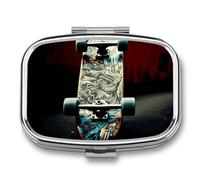 Skate Boards Pill Box 2 Compartment Waterproof Pill Case with Mirror Square Container Metal Medicine Box Organizer Portable Vitamin Case for Pocket & Purse Travel