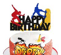 Skateboard Cake Topper Happy Birthday Sign Cake Decorations for Skateboarding Sport Movement Themed Kids Boy Girl Birthday Party Supplies Glitter Black Decor