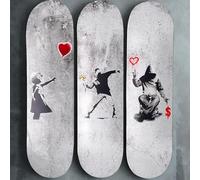 Skateboard Canvas Wall Art - Banksy 3 Piece Set on 7 Ply Skateboard Decks - Red Balloon Girl, Flower Thrower, and Love or Money Home Decor - Graffiti Canvas Wall Art for Home, Bathroom, Living Room or