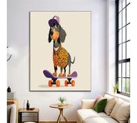 Skateboard Dachshund Canvas Paintings on the Wall Art Posters and Prints, Cute Pictures Living Room Office Modern Home Decoration, 80x120cm Artistic Canvas Print, Beige
