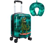 Skateboard Dinosaur Kids Luggage 2PC Set: Airline-Approved Carry On Boys Suitcase with 360° Spinner Rolling Wheels, Includes Neck Pillow