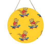 Skateboard Dinosaur Round Wood Panel Painting 12 Inch Hanging Plaque Rustic Farmhouse Wall Art Home Decor with Rope