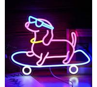 Skateboard Dog Neon Sign Dimmable Funny Dachshund Skateboarding LED Neon Light Wall Art Decor for Bedroom Bar Game Room Cute Pet Lover Gift