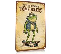 Skateboard Frog Tin Sign, Retro Metal Sign with Off To Commit Tomfoolery Quote, Funny Wall Art Decor, Stylish Skateboard Frog Print, Novelty Wall Picture for Bedroom, Living Room & Dorm