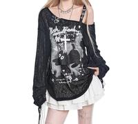 Skateboard Frog Women Goth T Shirt Harajuku Anime Y2K Grunge Off Shoulder | Women loose slouchy long sleeve tee with hollow cutout cartoon print streetwear gothic kawaii grunge aesthetic daily outfits
