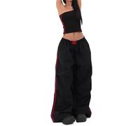 Skateboard Frog Women's Y2K Baggy Cargo Parachute Pants Elastic Waist Wide Leg Lightweight Quick-Dry Contrast Stripe American Retro Black