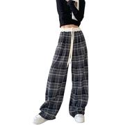 Skateboard Frog Women's Y2K Goth Baggy Wide Leg Plaid Pants Drawstring High Waist Color Blocking Casual Elastic Waist Trouser
