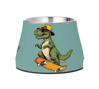 Skateboard Green Dinosaur Dog Raised Bowl, 540 ML Feeding Food Pet Bowl Stainless Steel Non-slip High Capacity Cat Bowl