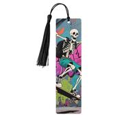 Skateboard Skeleton Skull Wooden Bookmarks for Book Lovers, Handmade DIY Book Mark with Colorful Tassels Double-Sided Printed Page Markers Artistic Book Accessories Gift for Women Men