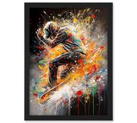 Skateboarder Vibrant Splat Paint Action Shot Artwork Framed Wall Art Print A4 Artery8 Black One Size