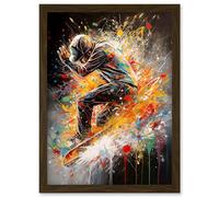 Skateboarder Vibrant Splat Paint Action Shot Artwork Framed Wall Art Print A4 Artery8 Brown One Size