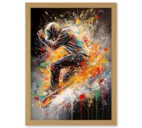 Skateboarder Vibrant Splat Paint Action Shot Artwork Framed Wall Art Print A4 Artery8 Light Oak One Size