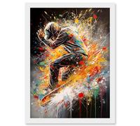 Skateboarder Vibrant Splat Paint Action Shot Artwork Framed Wall Art Print A4 Artery8 White One Size
