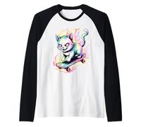 Skateboarding Cat Fiery Flames Raglan Baseball Tee