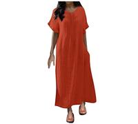 Skater Dresses For Women Uk Office 7S Fancy Dress V Neck Solid Color Linen Sleeveless Maxi Pleated A Line Swing Bohemian Clothes (Ginger, 5Xl)
