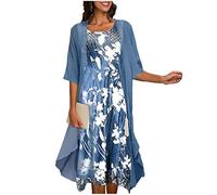 Skater Dresses For Women Uk Short Dresses For Women Uk Ladies Evening Dresses Crew Neck Floral Print Chiffon Dresses 2 Piece Set Dresses Midi Dresses Sequin Dress (Blue, M)